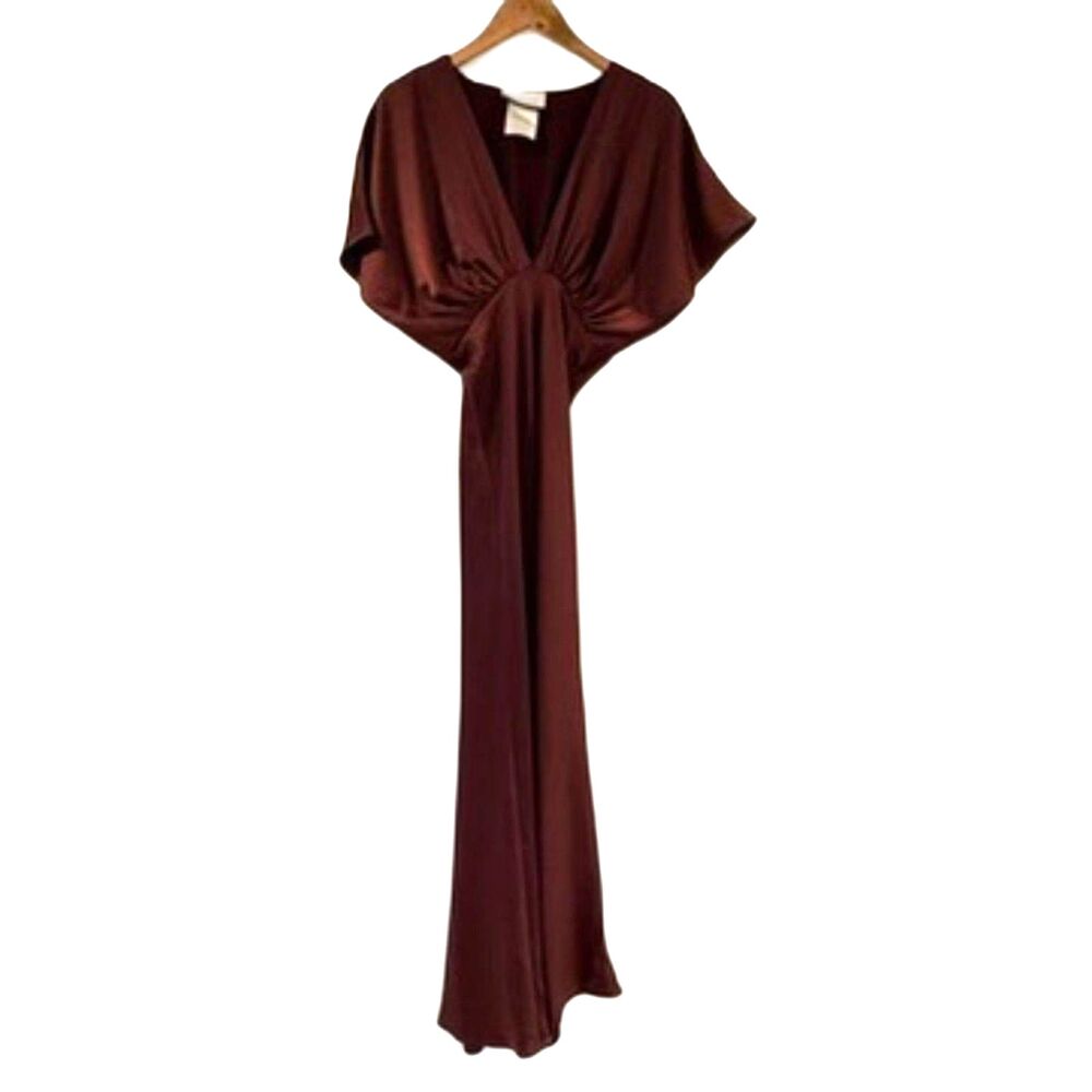 BHLDN Anthropologie Leila Dress Gown Satin Deep V Chocolate Size 2 - Picture 5 of 11
